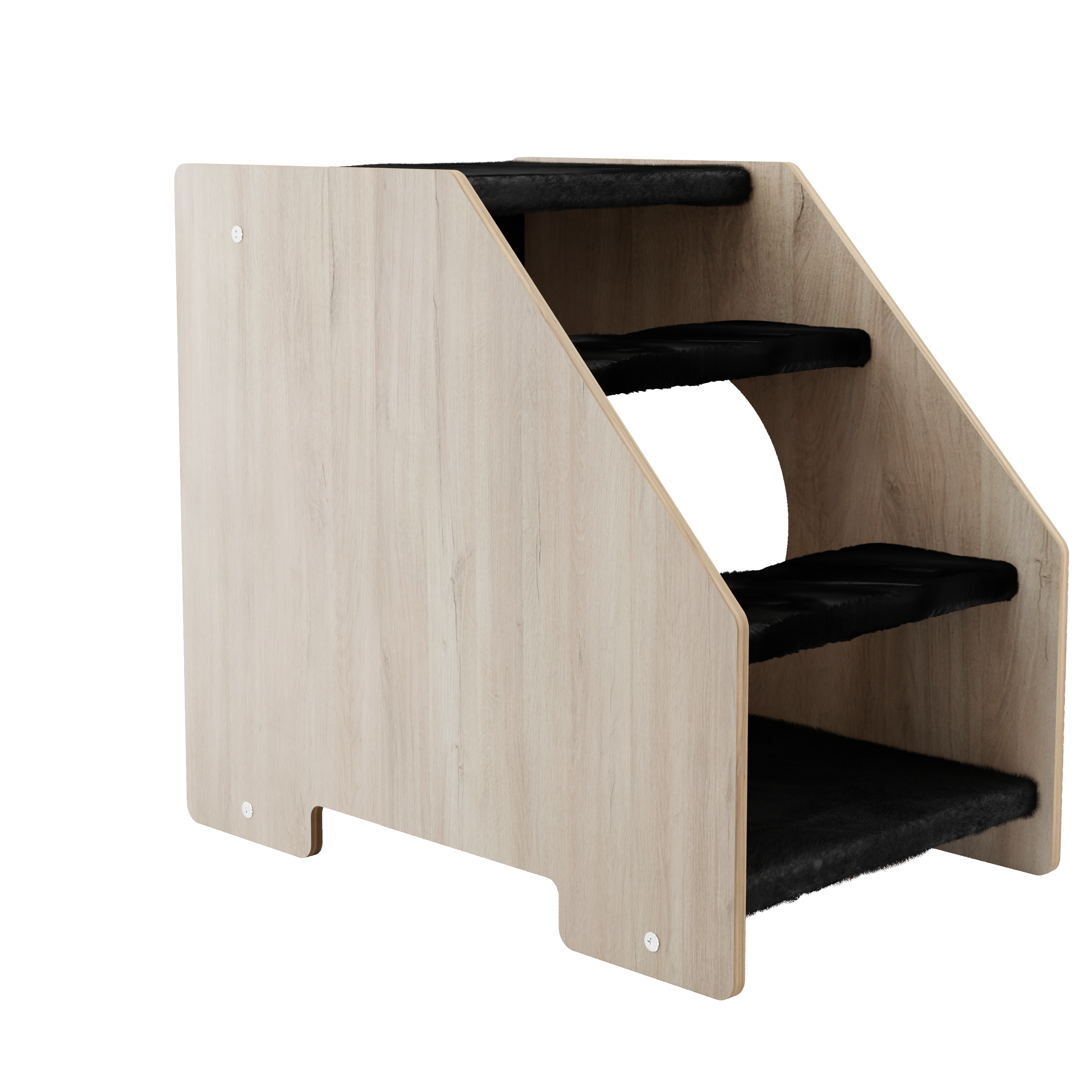 Side view of wooden cat stairs with black steps and natural wood finish
