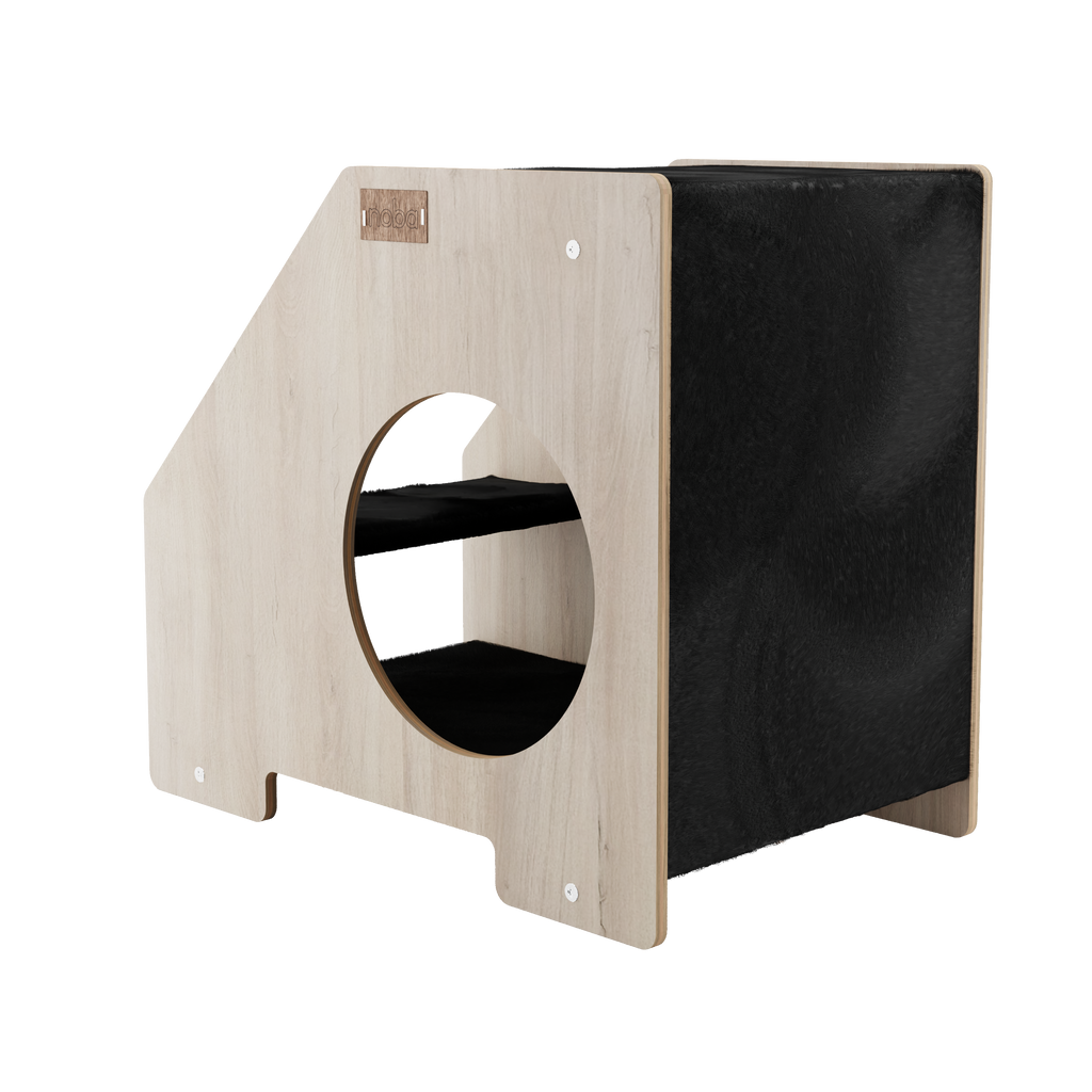 Wooden cat hideaway with round entrance and decorative black wood panel