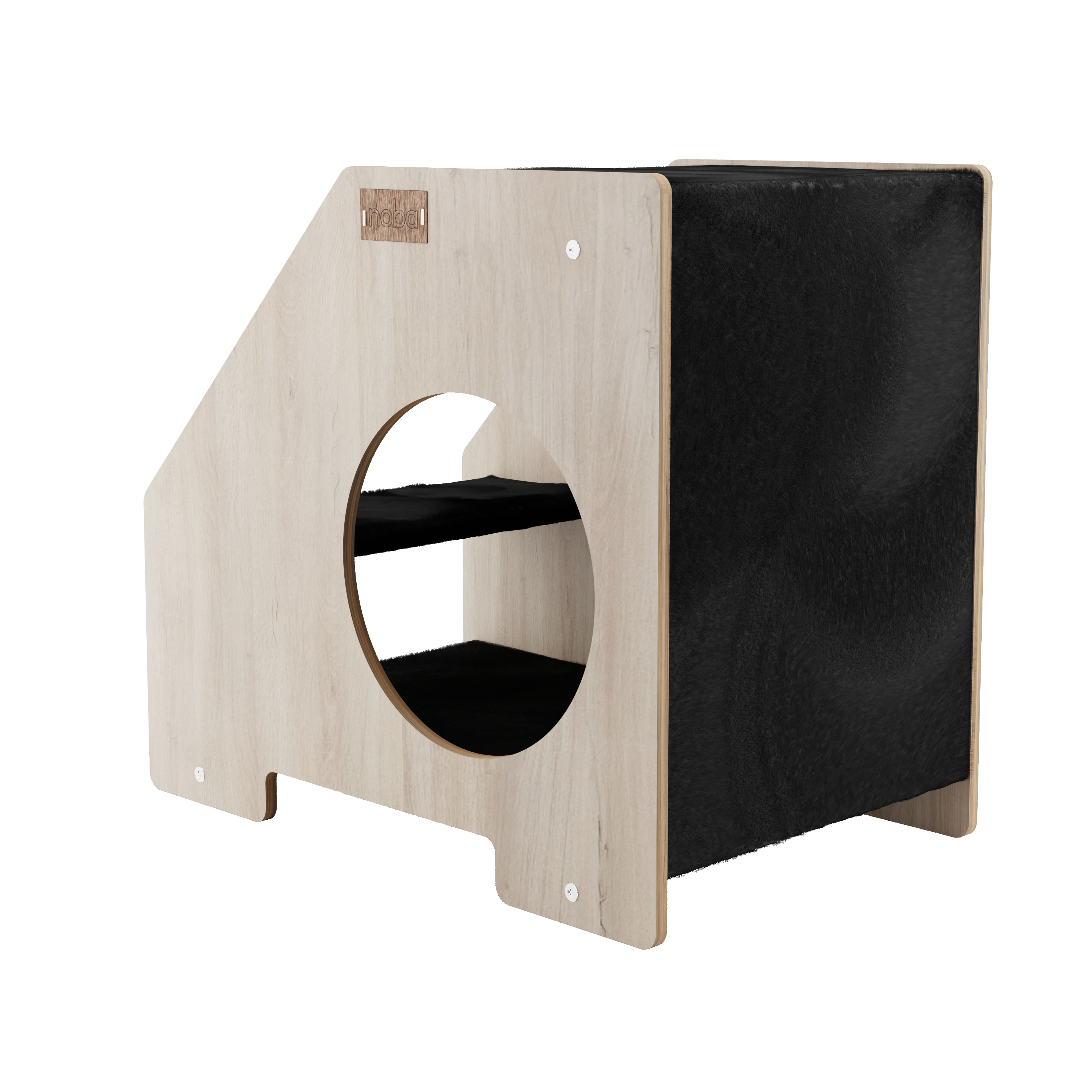 Wooden cat hideaway with round entrance and decorative black wood panel
