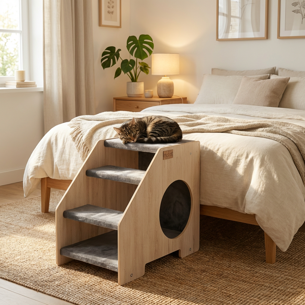 Angled view of wooden cat stairs and cozy hideaway with round entrance