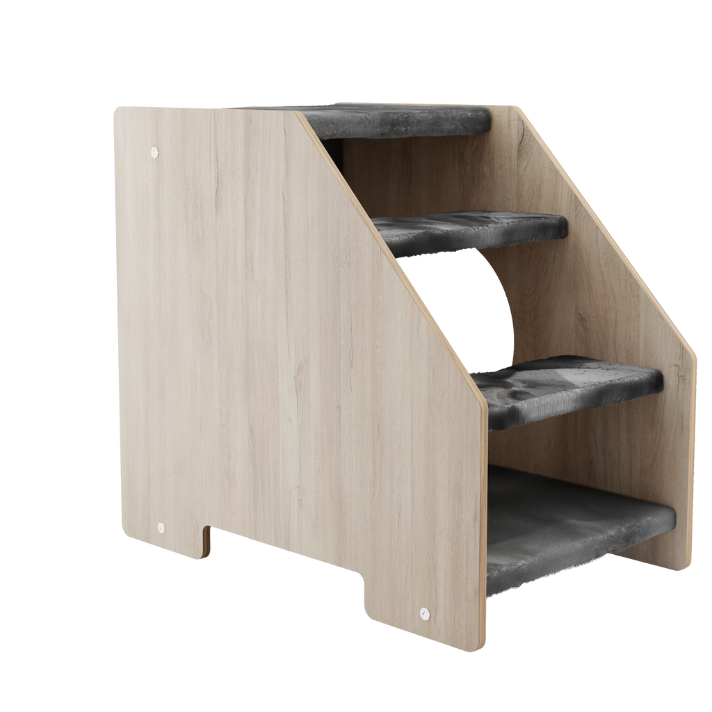 Front angle of wooden cat stairs with black steps and natural wood finish
