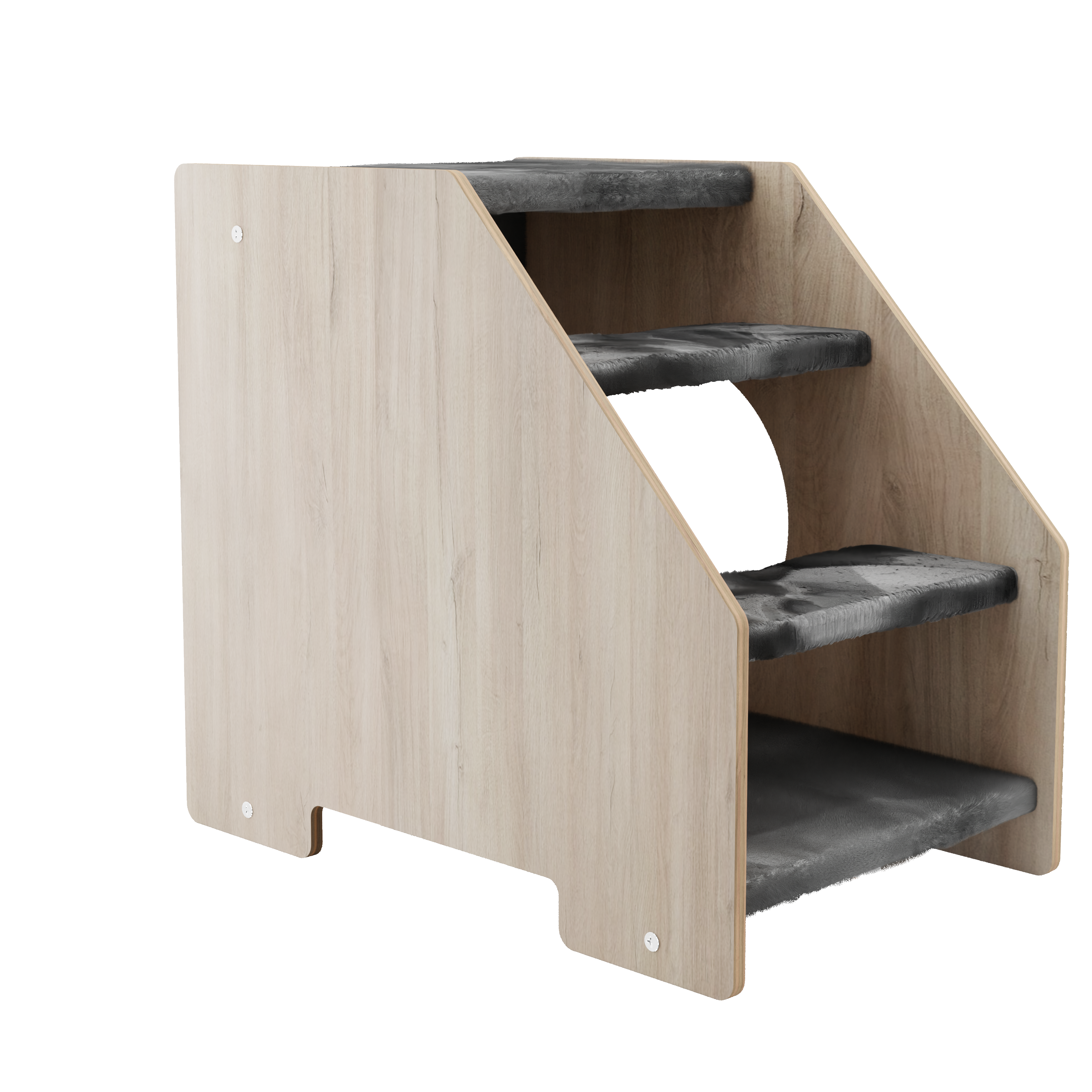 Front angle of wooden cat stairs with black steps and natural wood finish