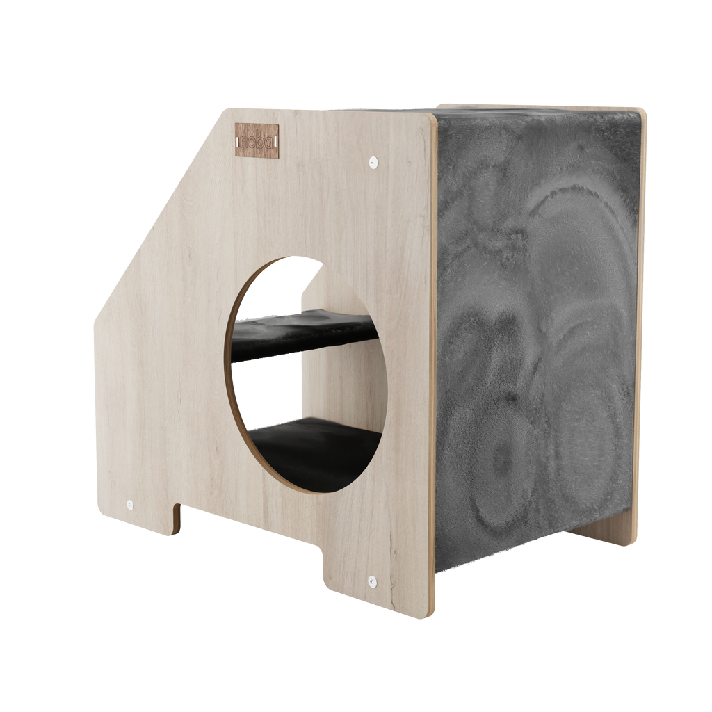 Wooden cat hideaway with round entrance and decorative black side panel