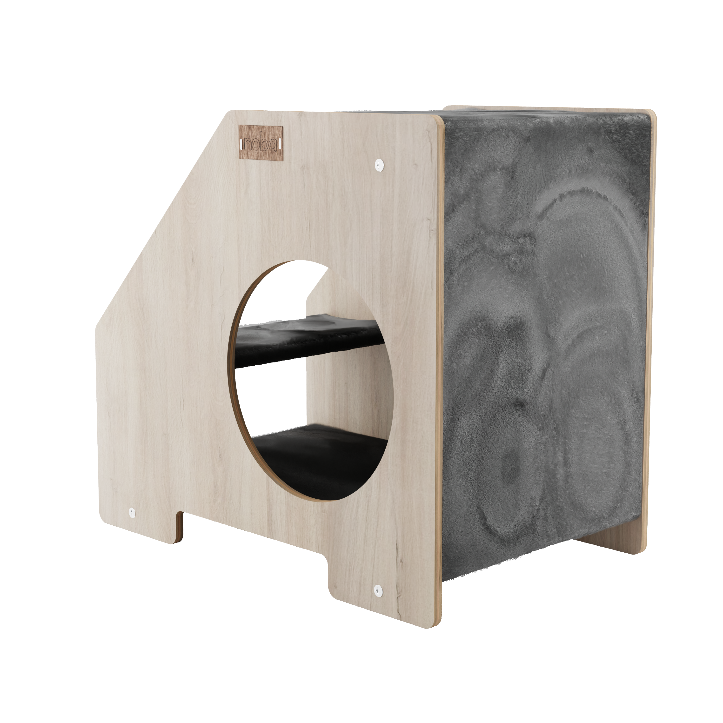 Wooden cat hideaway with round entrance and decorative black side panel