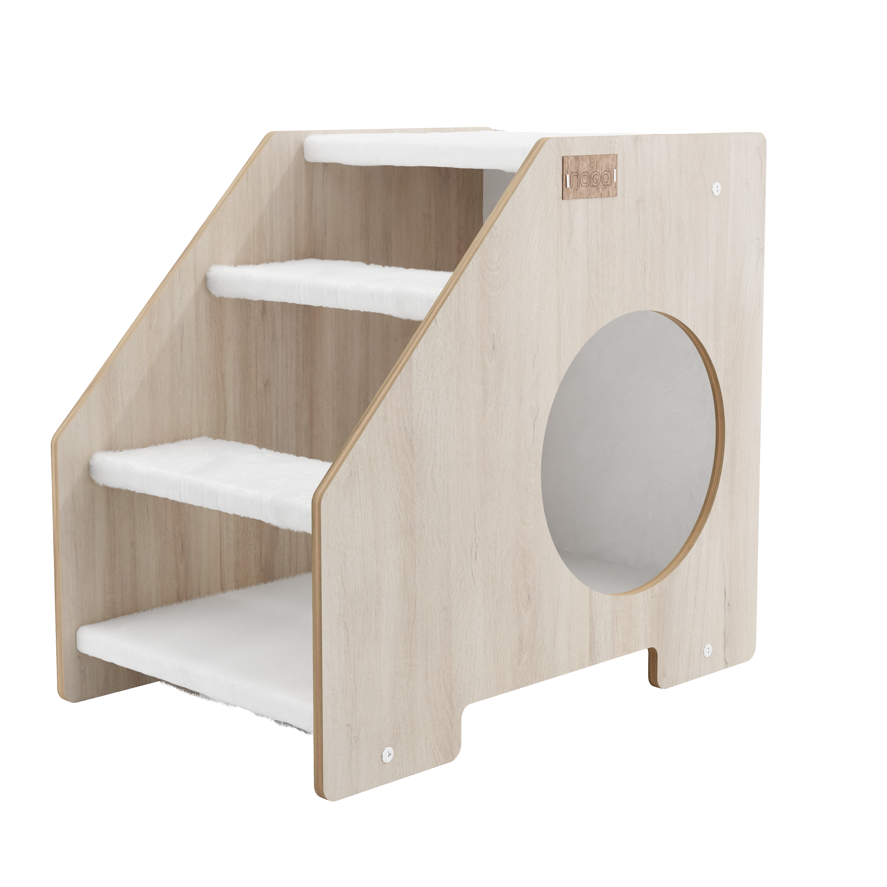 Front angle of wooden cat stairs with white steps and round entrance
