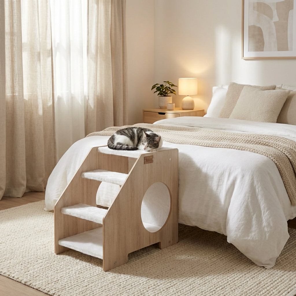 Front angle of modern wooden cat stairs with enclosed hideaway for indoor cats