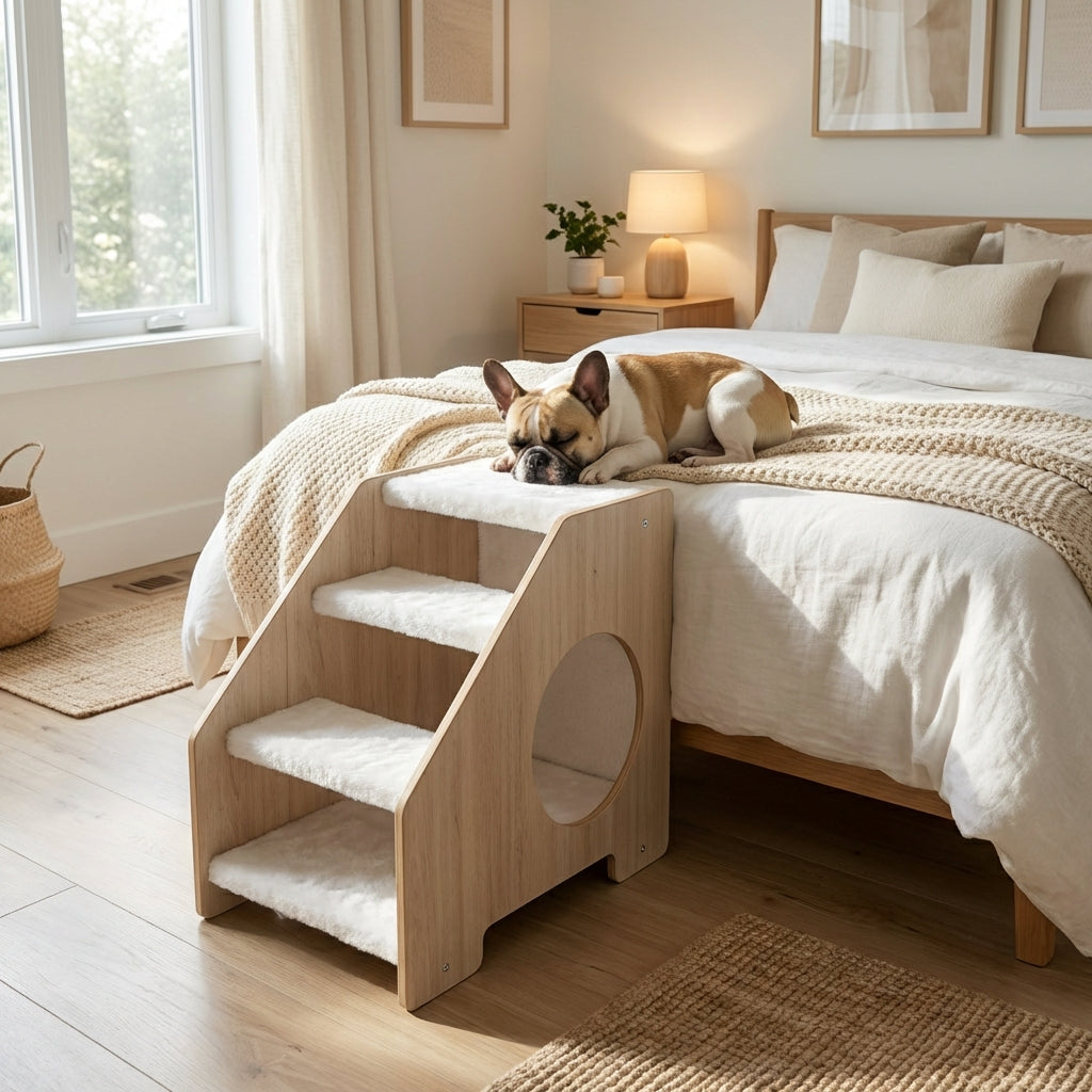 Modern wooden  stairs with hideaway beside a bed in a stylish bedroom