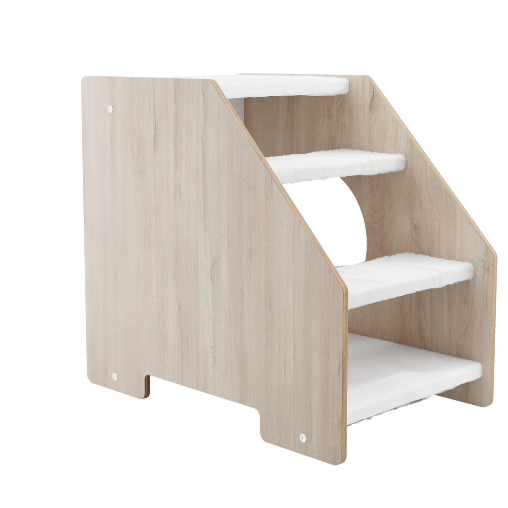 Side view of wooden cat stairs with white steps and natural wood finish