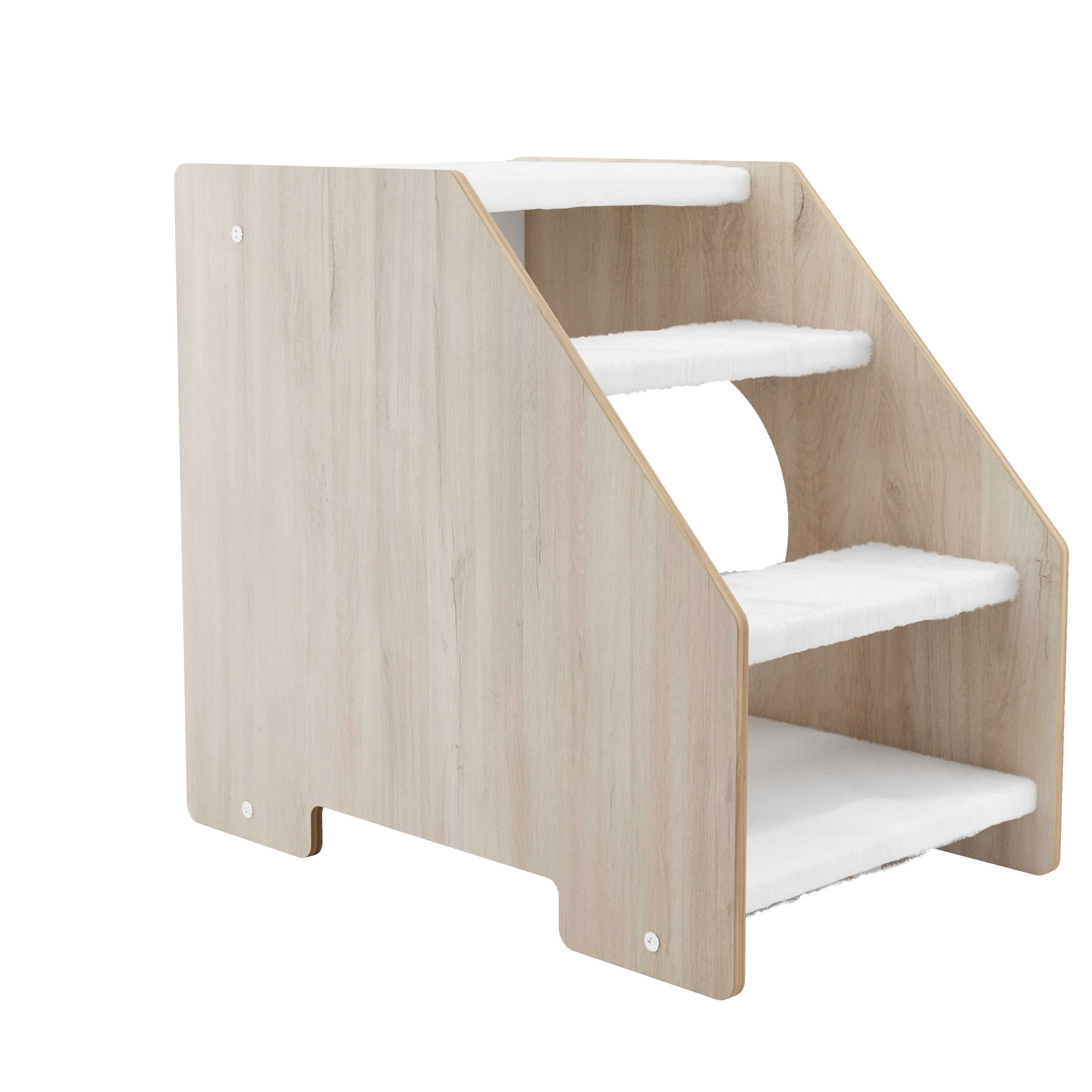 Side view of wooden cat stairs with white steps and natural wood finish