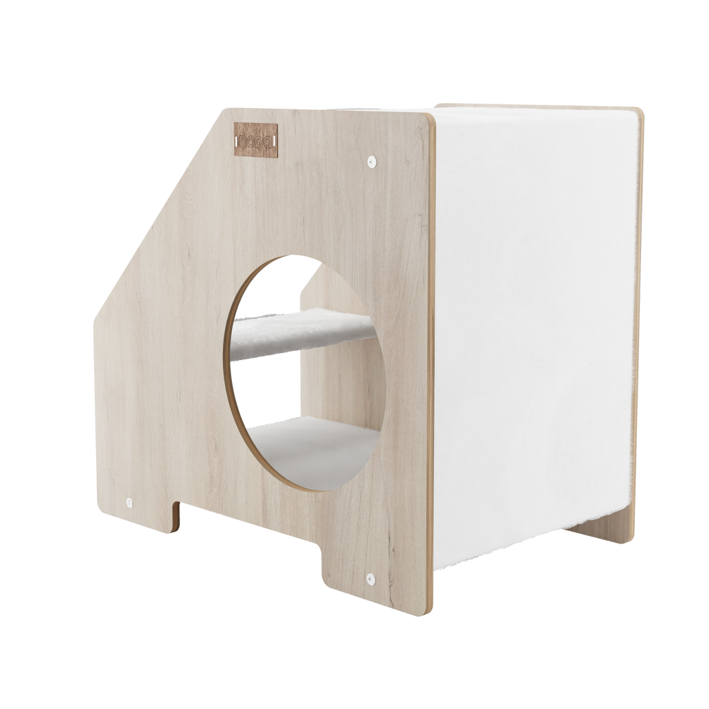 Wooden cat hideaway with round entrance and white interior