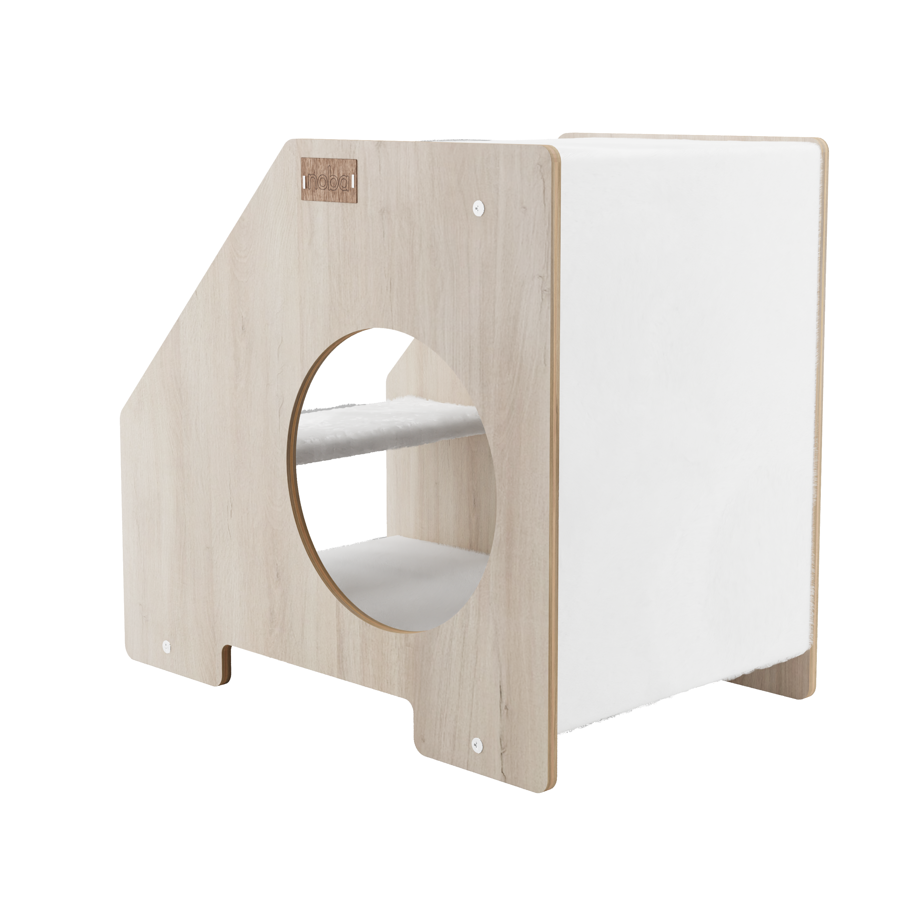 Wooden cat hideaway with round entrance and white interior