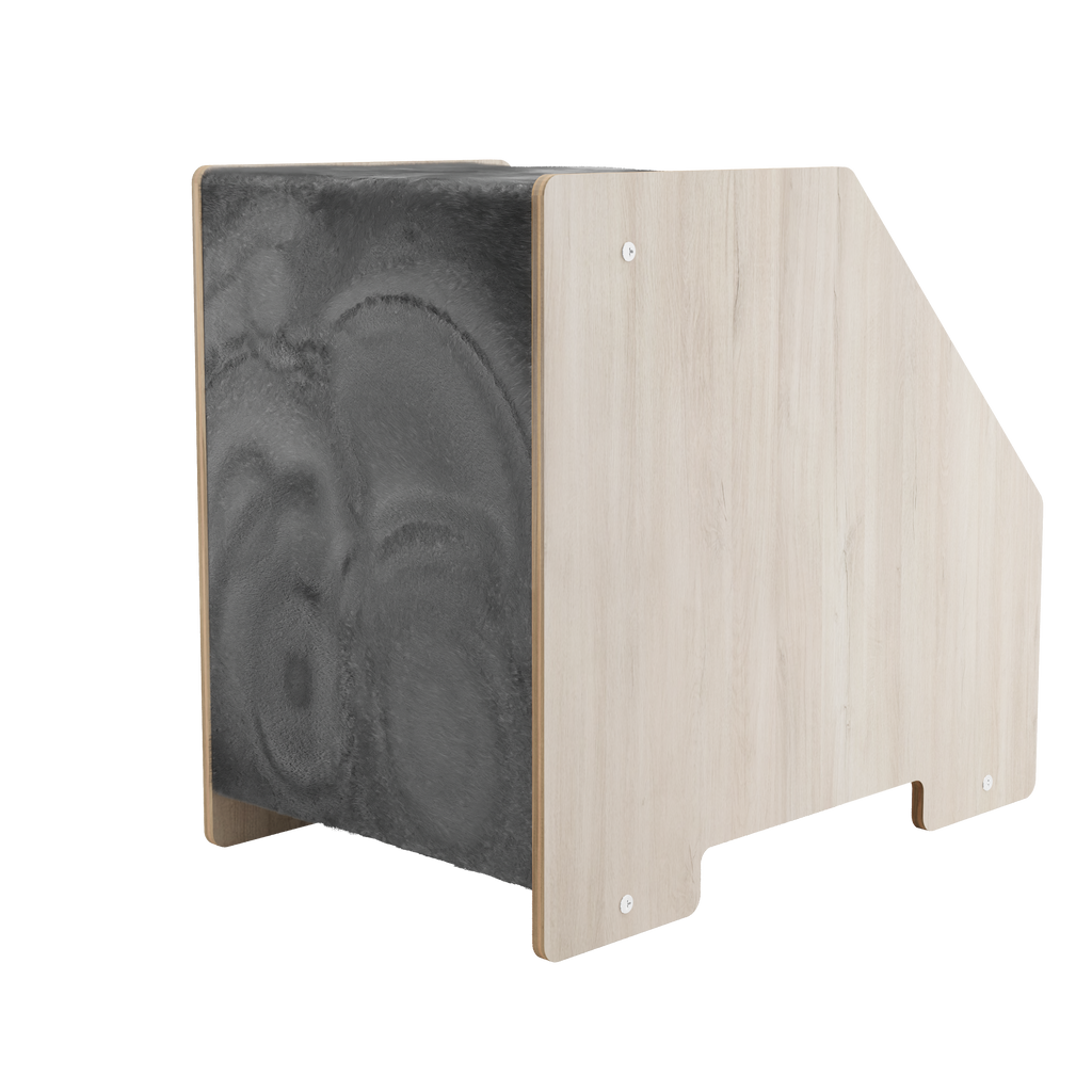 Rear view of modern wooden cat hideaway with decorative black wood panel