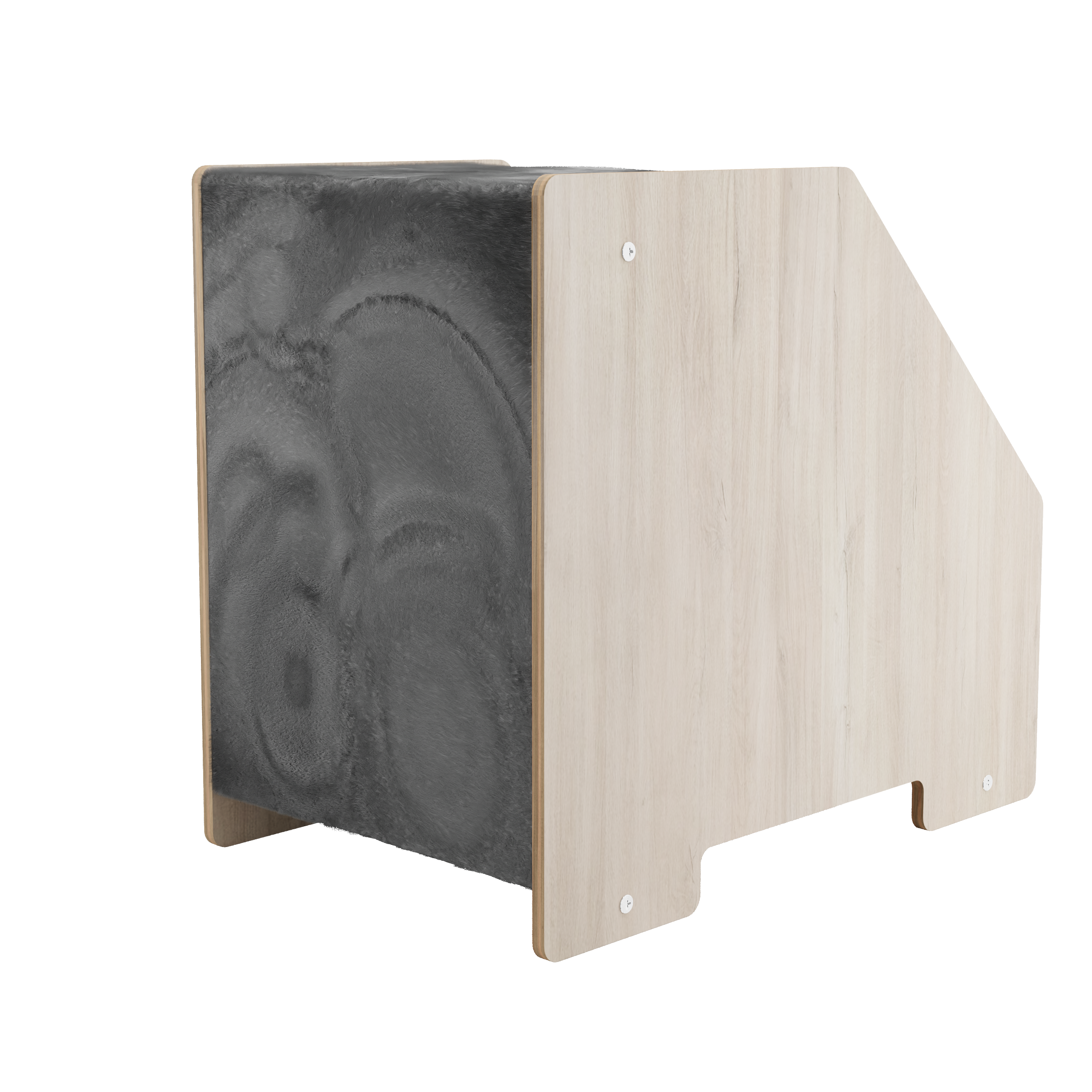 Rear view of modern wooden cat hideaway with decorative black wood panel