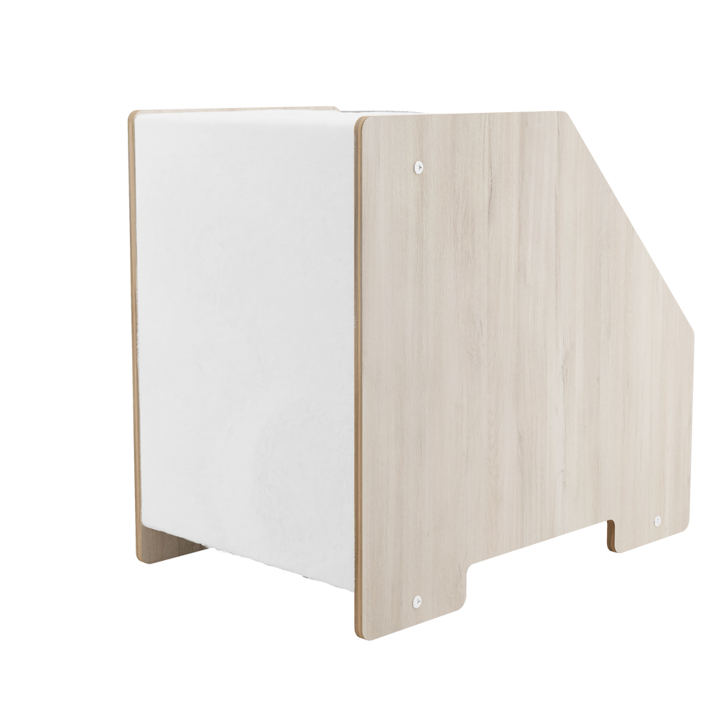 Rear view of modern wooden cat hideaway with smooth natural wood finish