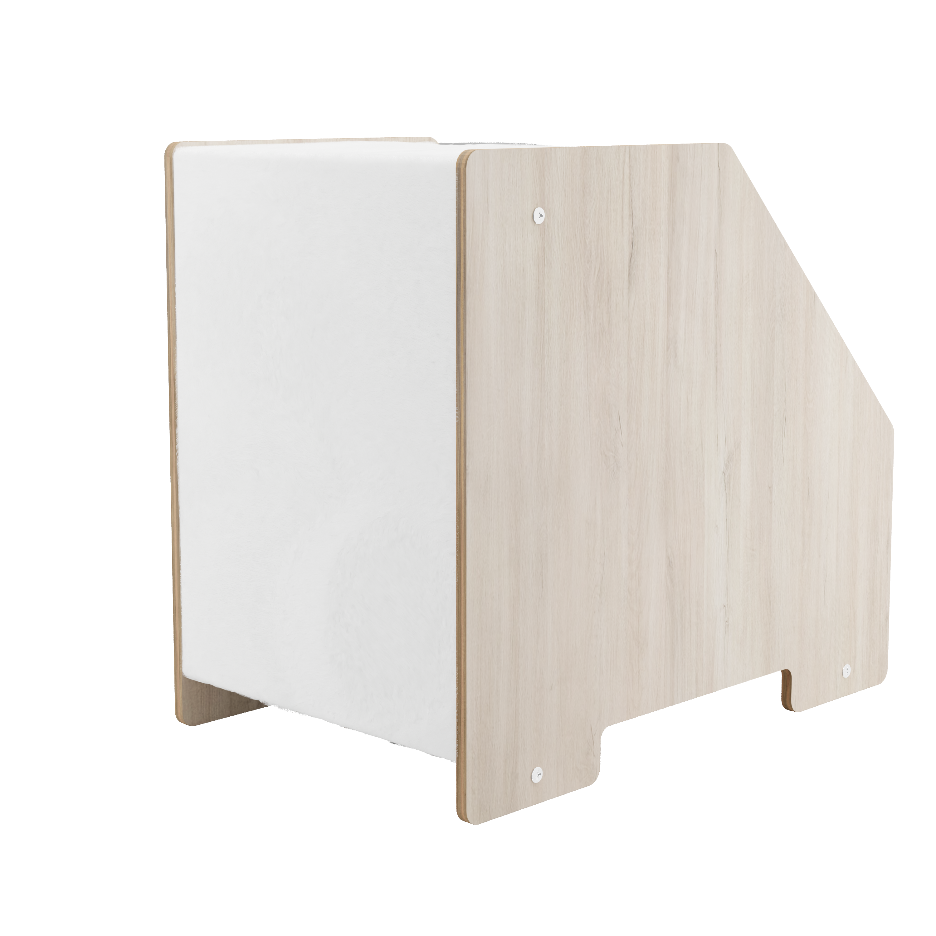 Rear view of modern wooden cat hideaway with smooth natural wood finish