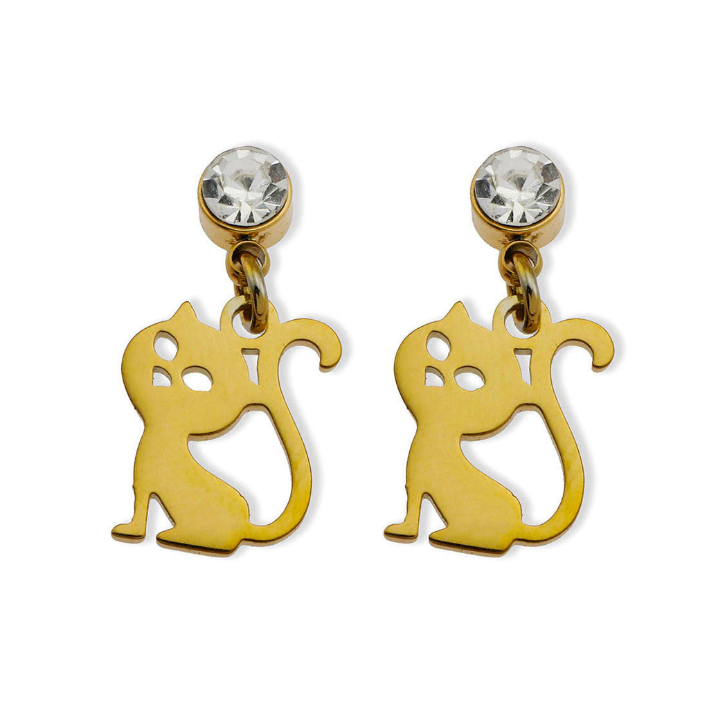 Crown & Whiskers Kitty Gold Cat Earrings – CZ Crystal Cat Lover Stud Earrings