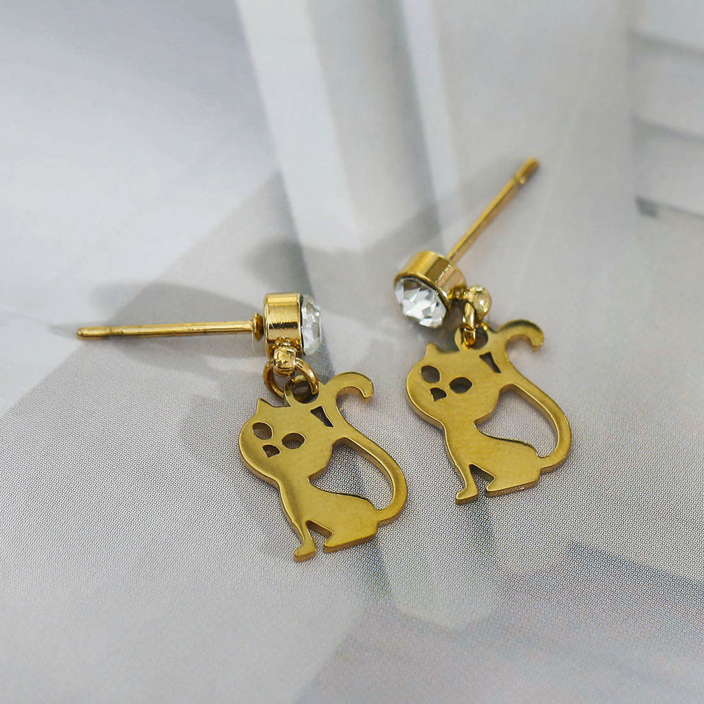 Crown & Whiskers Kitty Gold Cat Earrings – CZ Crystal Cat Lover Stud Earrings