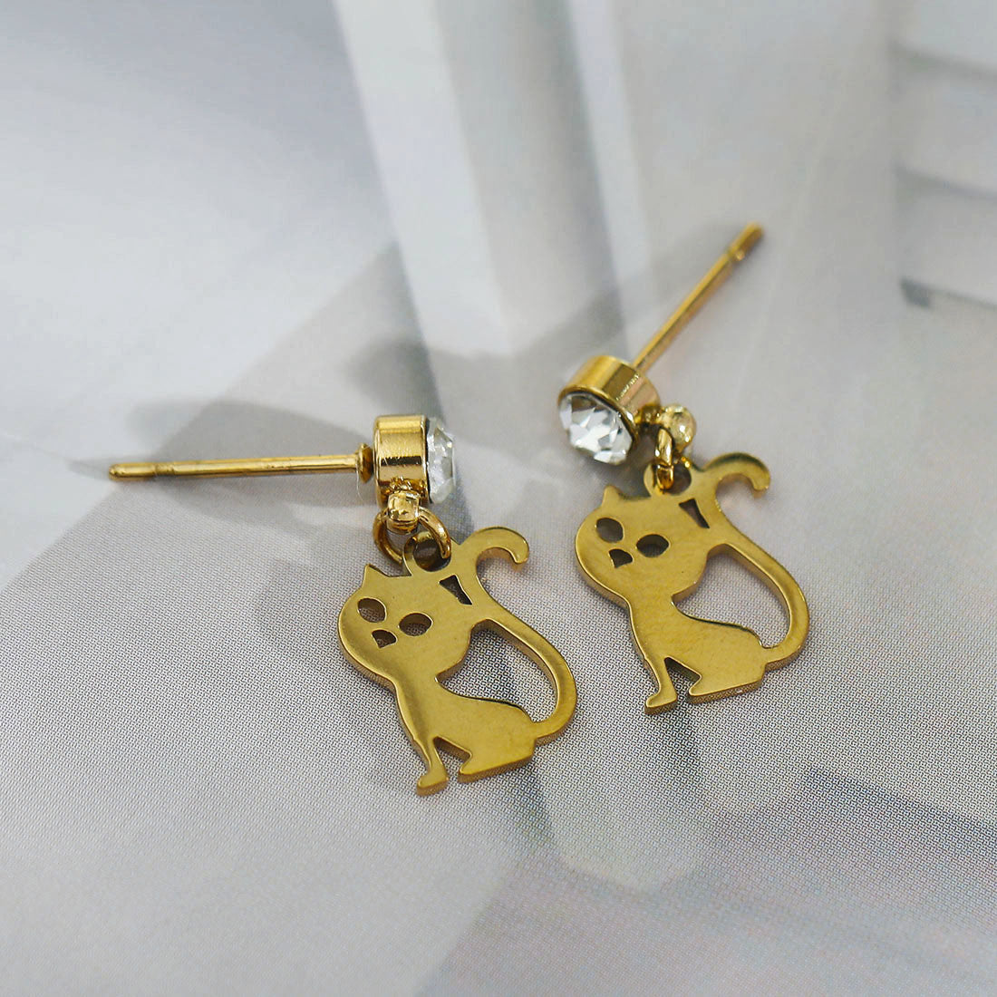 Crown & Whiskers Kitty Gold Cat Earrings – CZ Crystal Cat Lover Stud Earrings