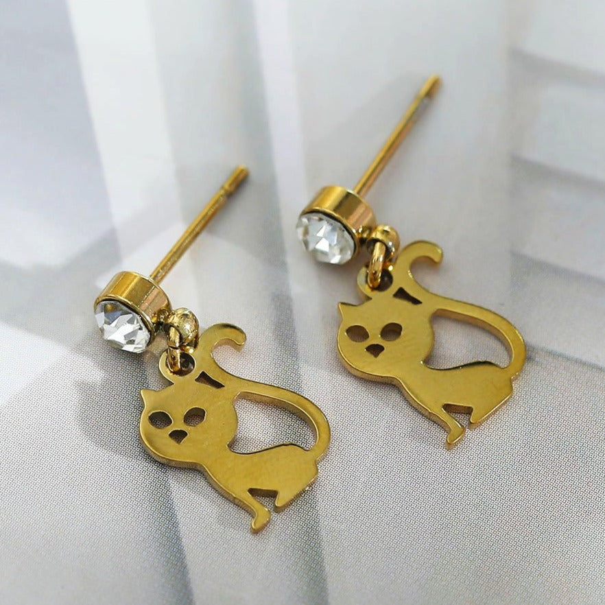 Crown & Whiskers Kitty Gold Cat Earrings – CZ Crystal Cat Lover Stud Earrings