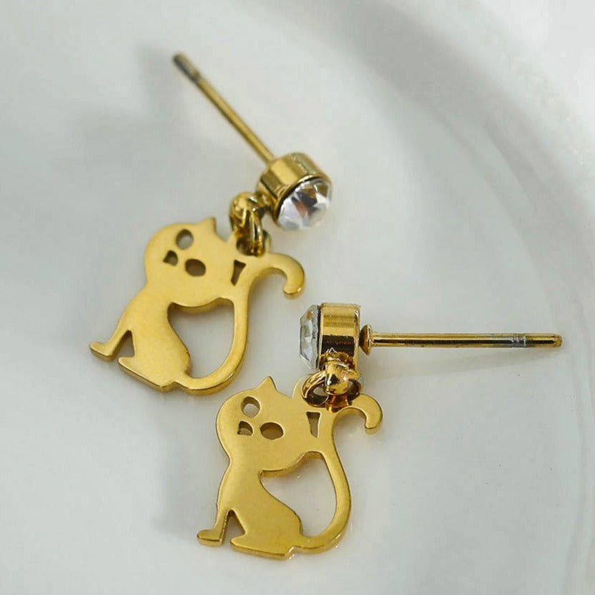 Crown & Whiskers Kitty Gold Cat Earrings – CZ Crystal Cat Lover Stud Earrings