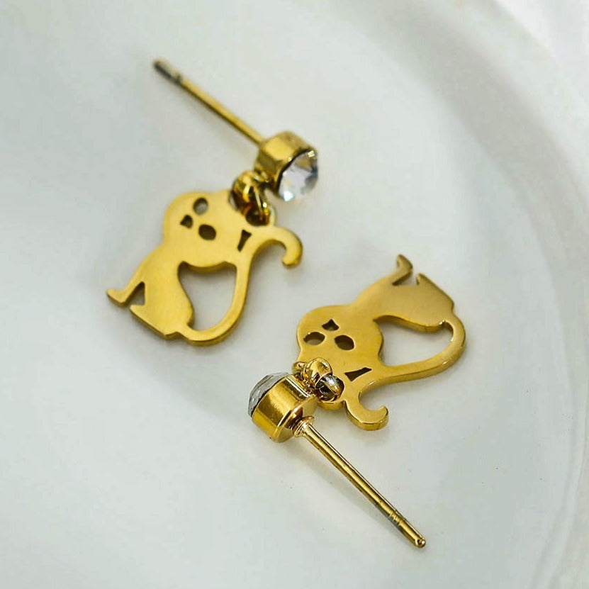 Crown & Whiskers Kitty Gold Cat Earrings – CZ Crystal Cat Lover Stud Earrings