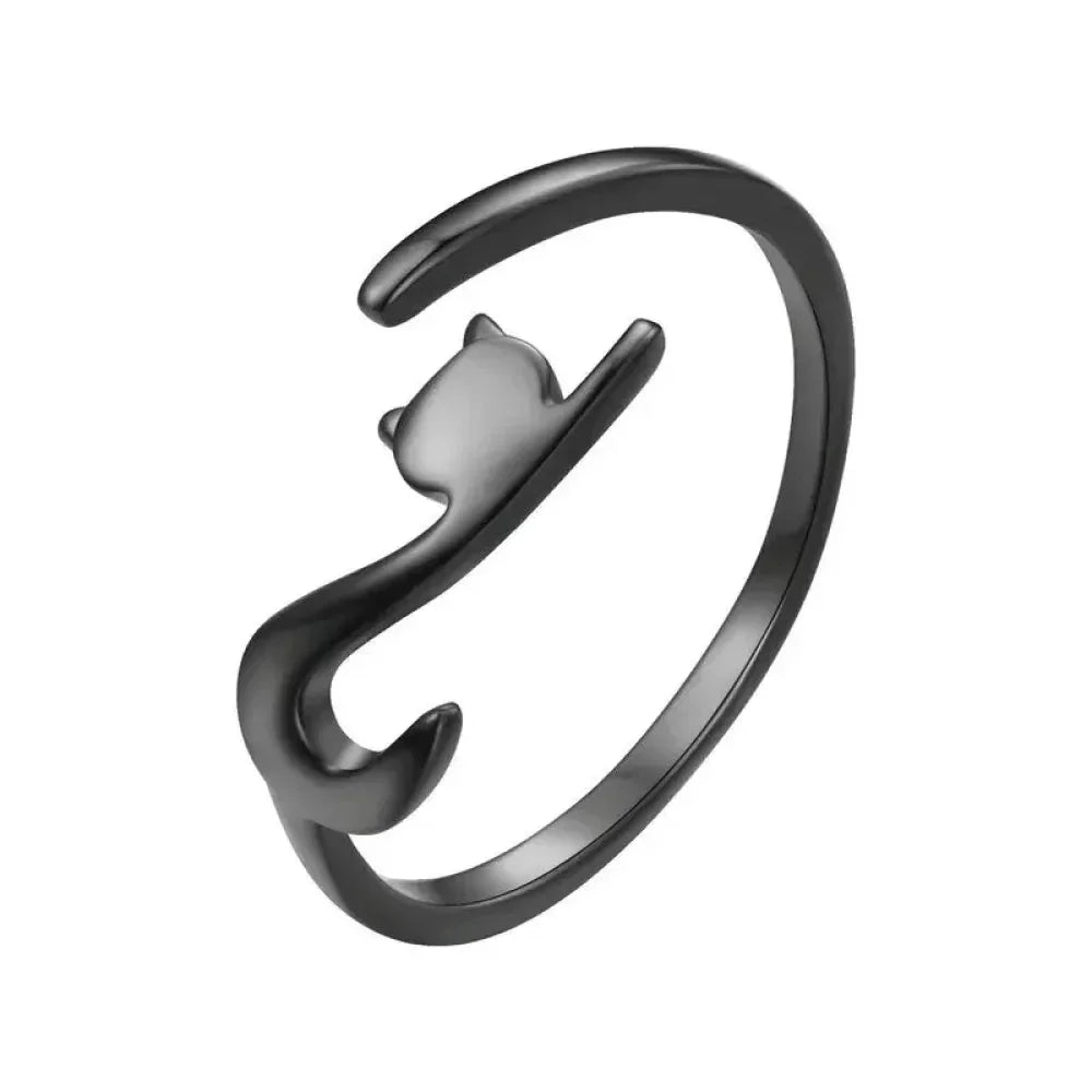 Crown & Whiskers Cat Tail Sterling Silver Ring – Adjustable Minimal Cat Lover Jewelry (925 Silver)