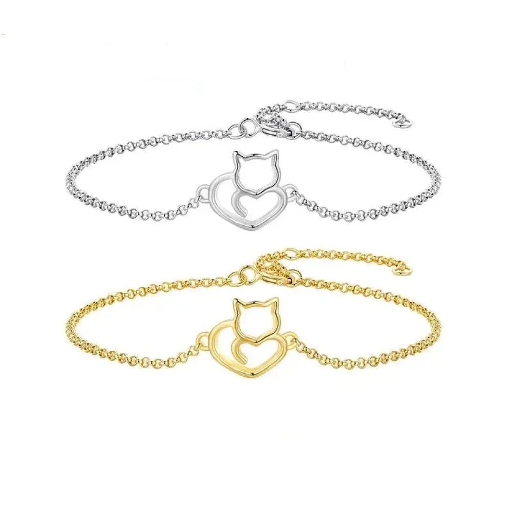 Gold sterling silver cat heart bracelet on white background