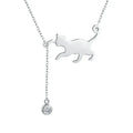 Silver cat-shaped pendant necklace with a small round diamond on a white background
