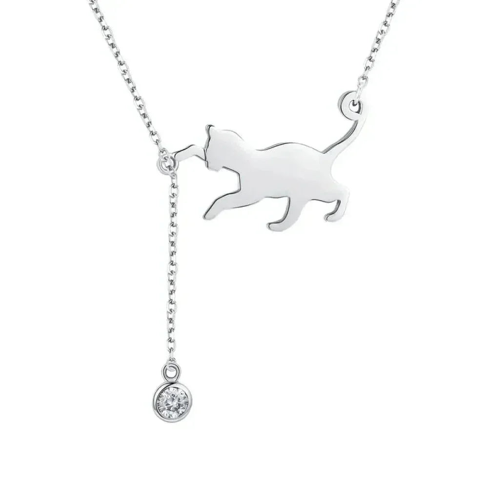 Silver cat-shaped pendant necklace with a small round diamond on a white background