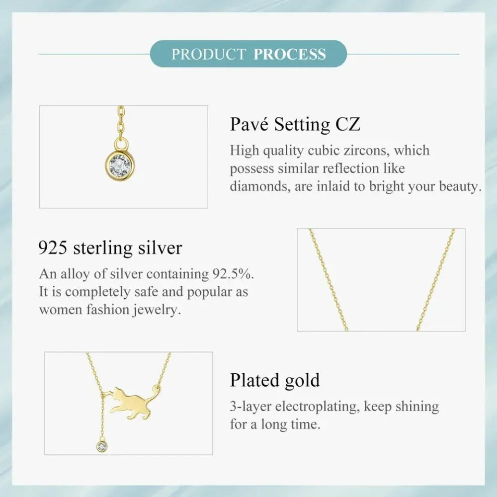 Product process description for a gold necklace with text about pave setting CZ, 925 sterling silver, and plating details.