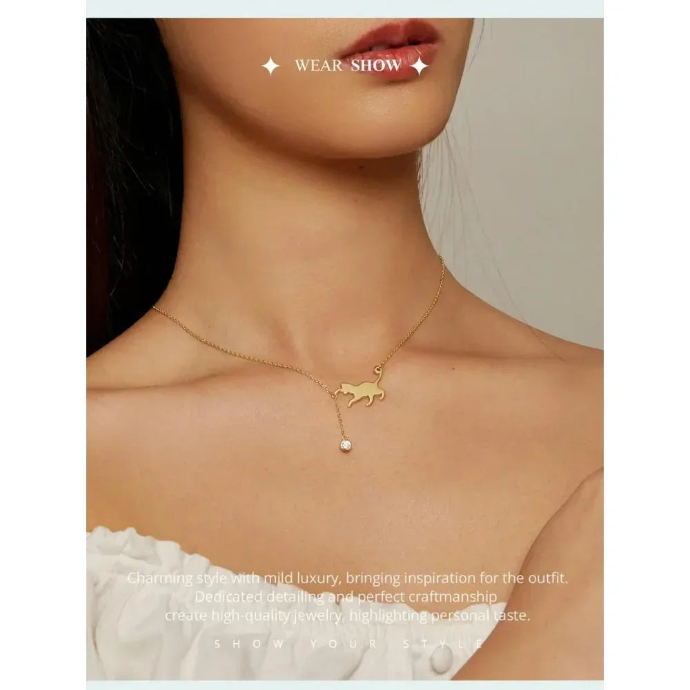 Sterling Silver Cat Necklace | Elegant Cat Pendant with Zircon