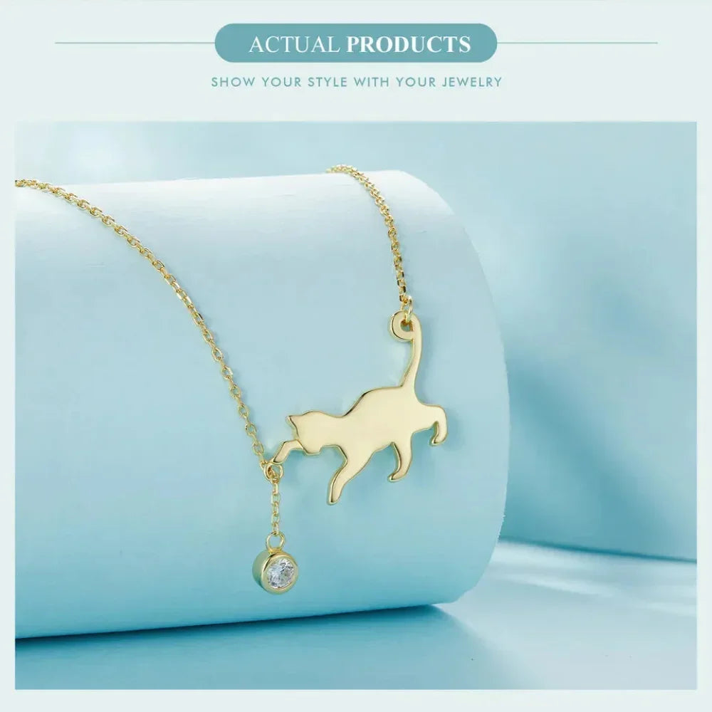 Sterling Silver Cat Necklace | Elegant Cat Pendant with Zircon