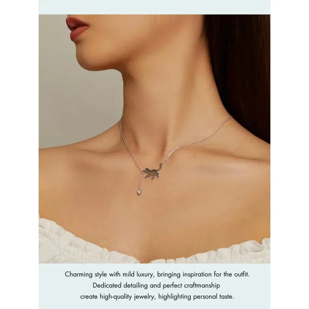 Sterling Silver Cat Necklace | Elegant Cat Pendant with Zircon