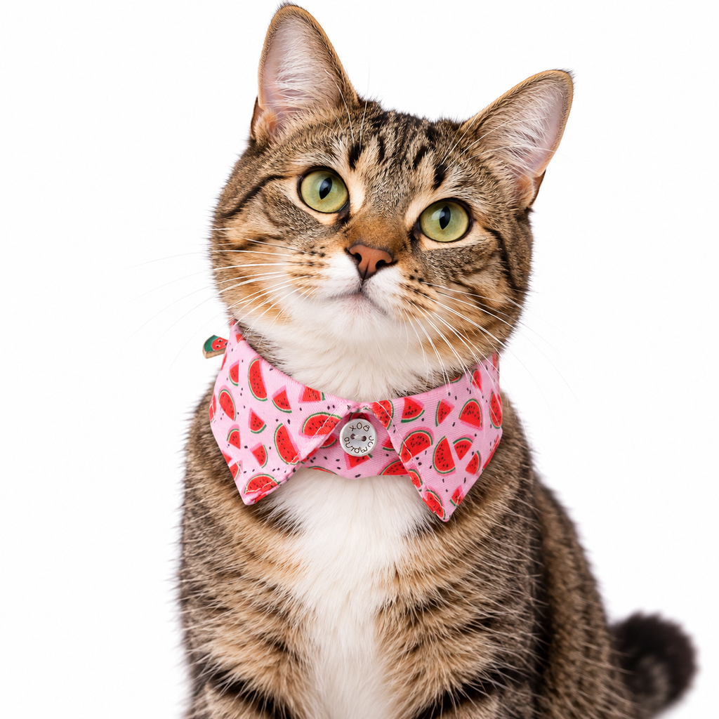 Tabby cat wearing a pink Watermelon print bow tie collar on a white background.