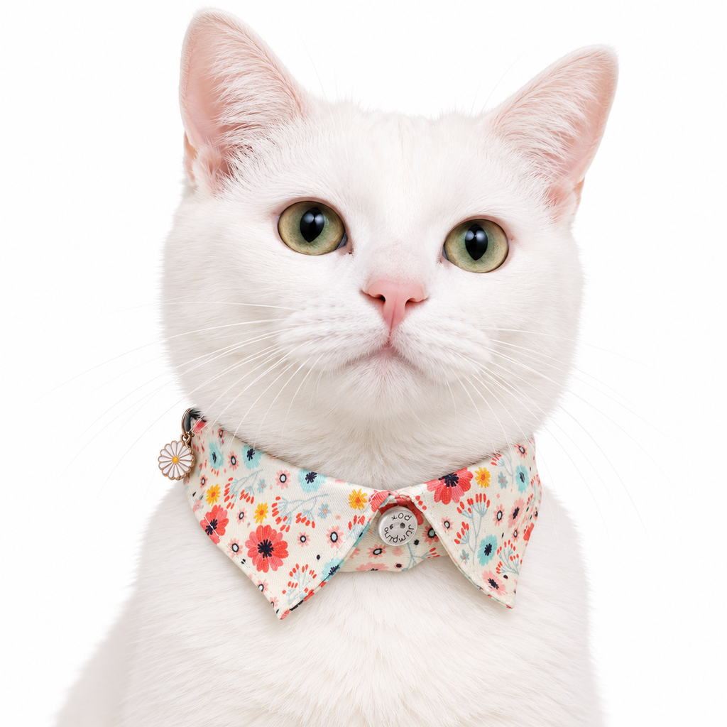 A white cat wearing a small bow tie made of floral fabric with a button closure and a small dangling charm, photographed against a clean white background.