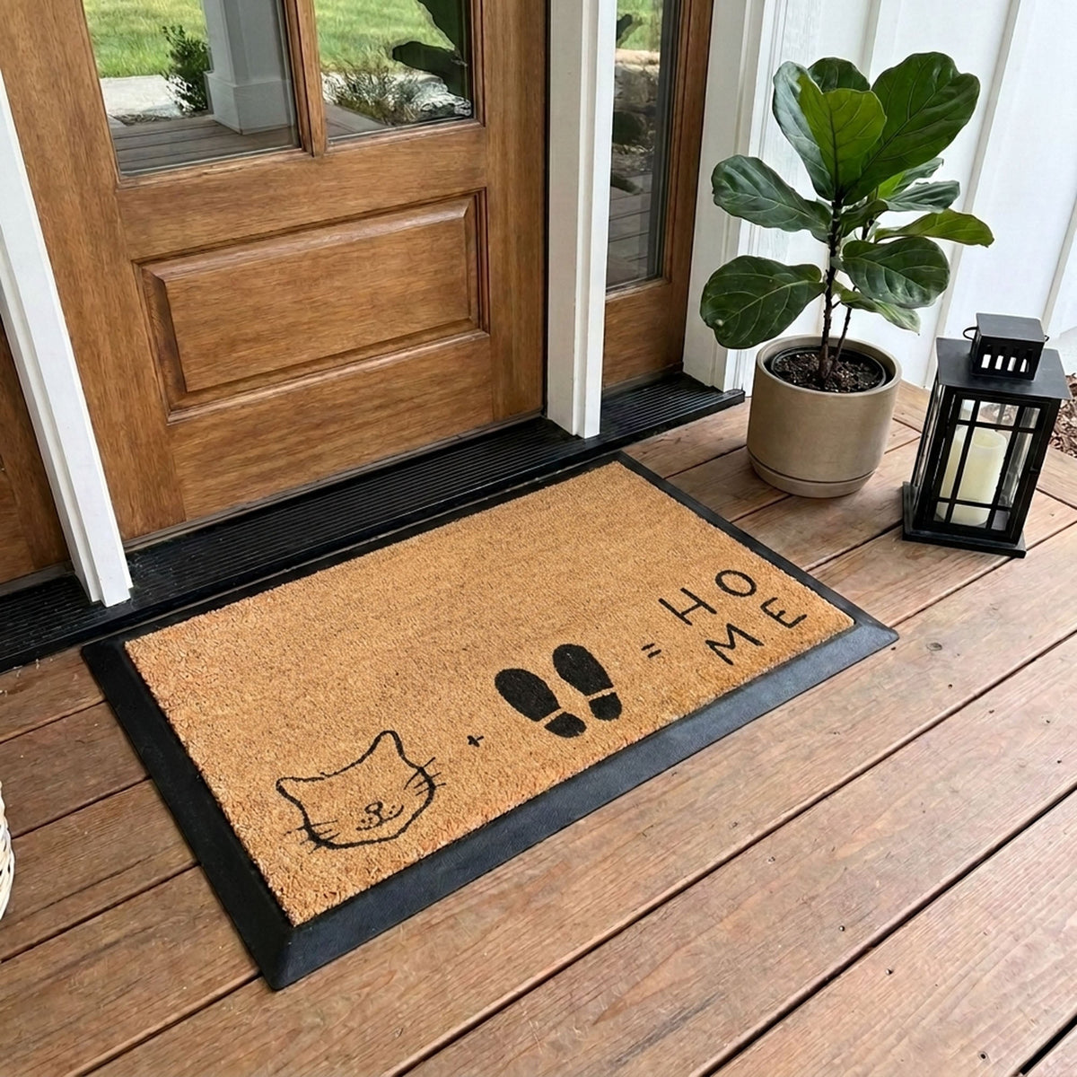 Doormat with a dog design and 'Home' text on a wooden deck.