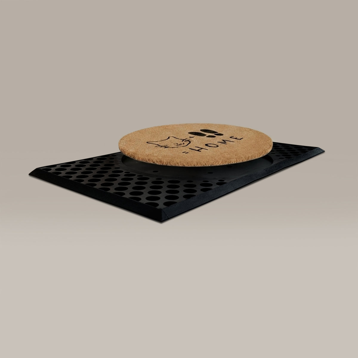Cork coaster with decorative design on a black doormat against a beige background