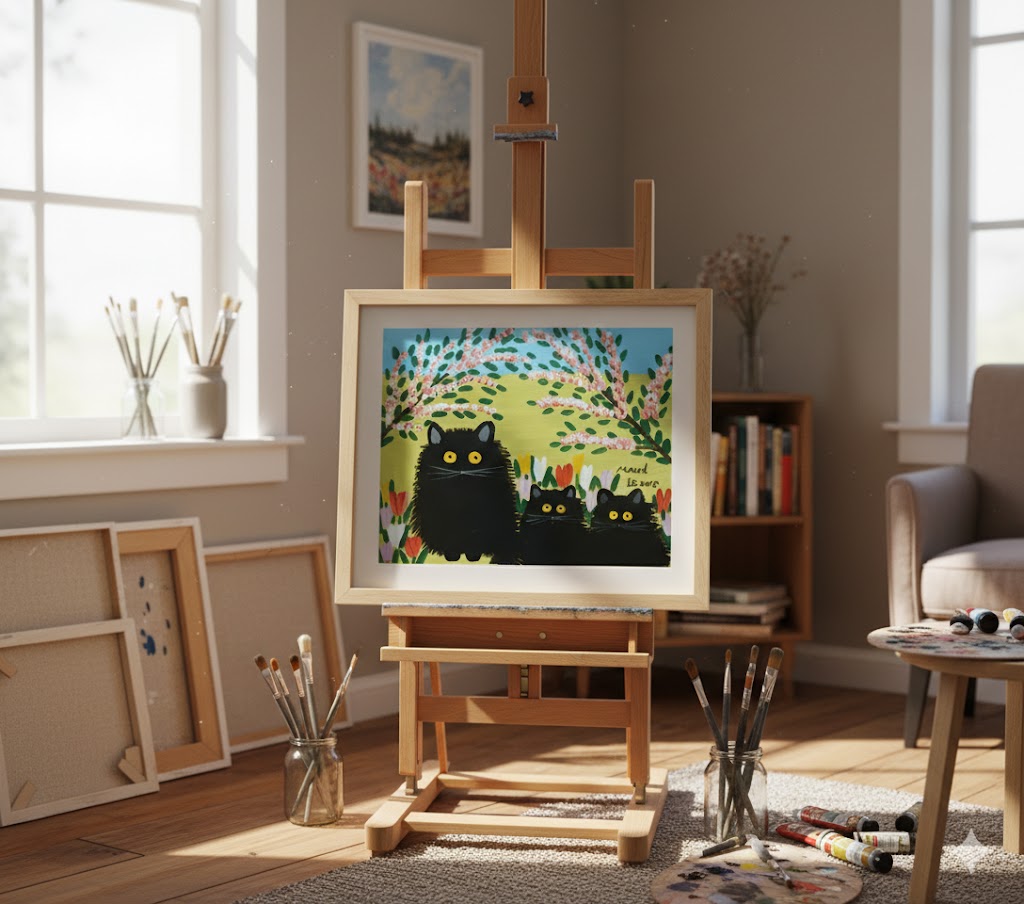 Art studio with a painting of cats on an easel, surrounded by art supplies.
