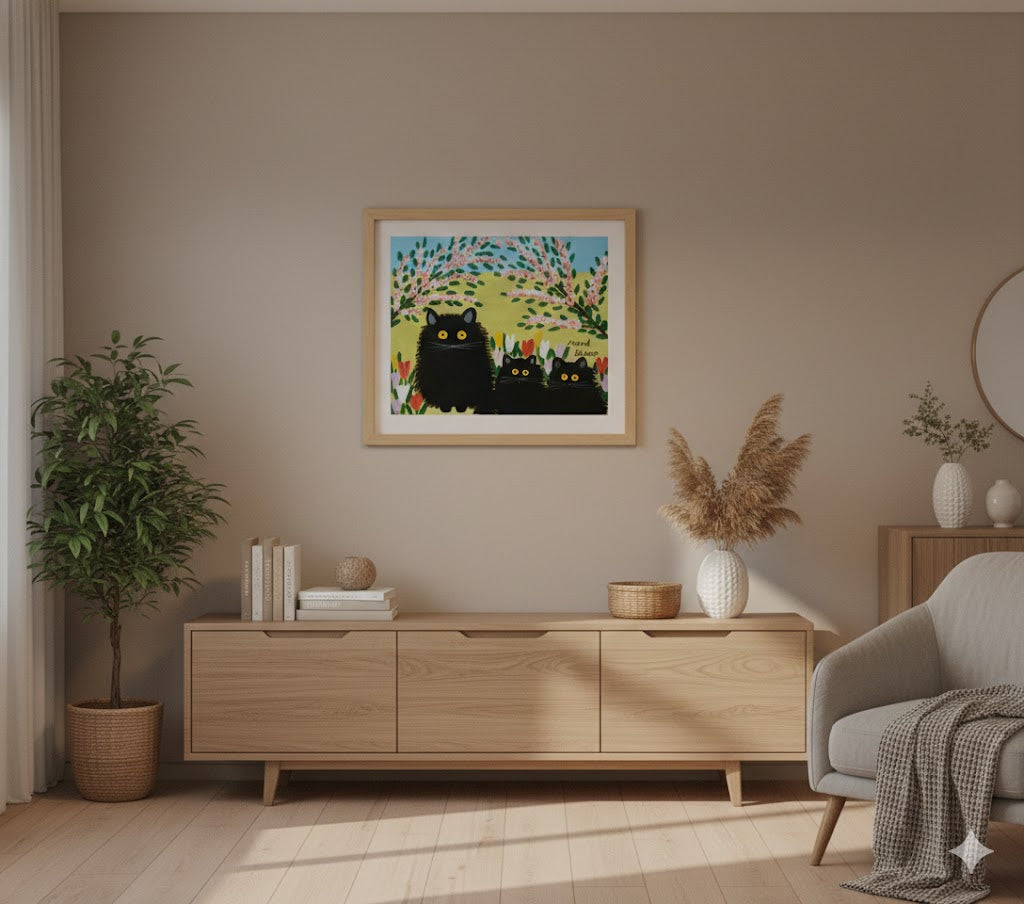 Living room with wooden cabinet, plant, and framed artwork on a beige wall.