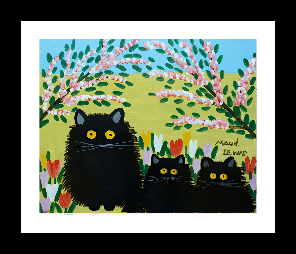 Artistic depiction of three black cats in a garden with flowers and trees, signed by Maud Lewis.