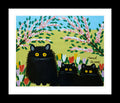 Artistic depiction of three black cats in a garden with flowers and trees, signed by Maud Lewis.