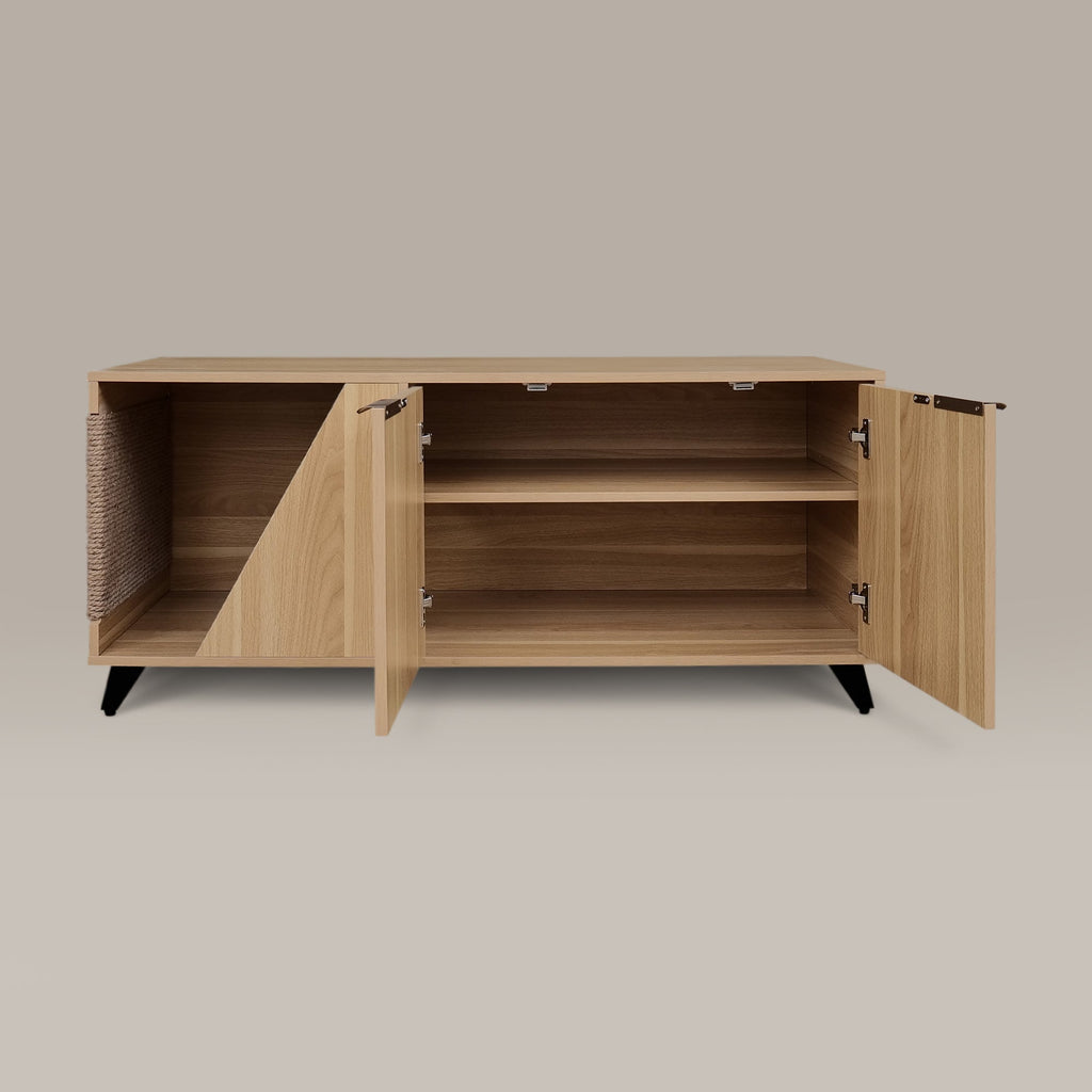 Wooden cabinet with open doors on a beige background