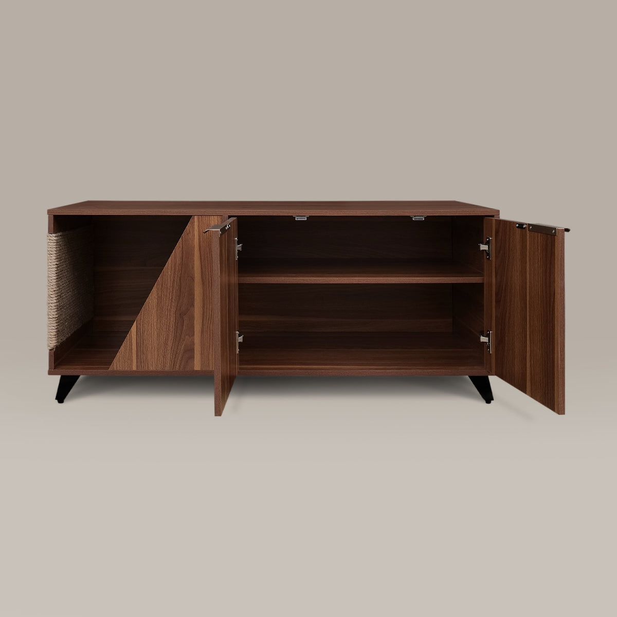 Wooden sideboard with open doors on a beige background