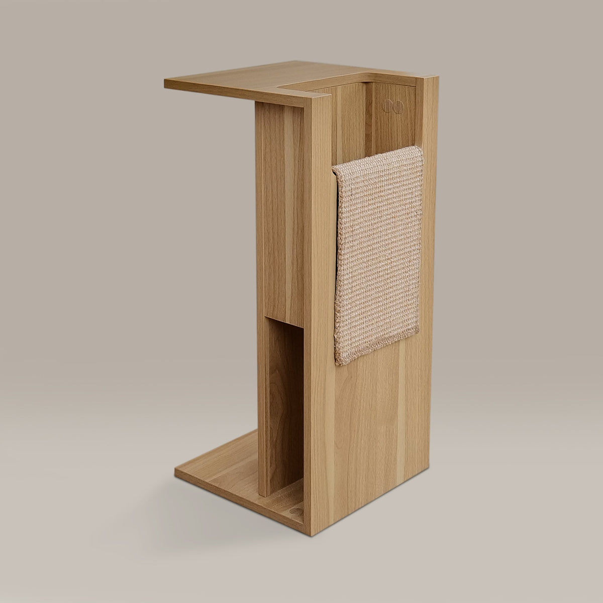 Wooden cat tree with a platform and sisal-covered post on a beige background