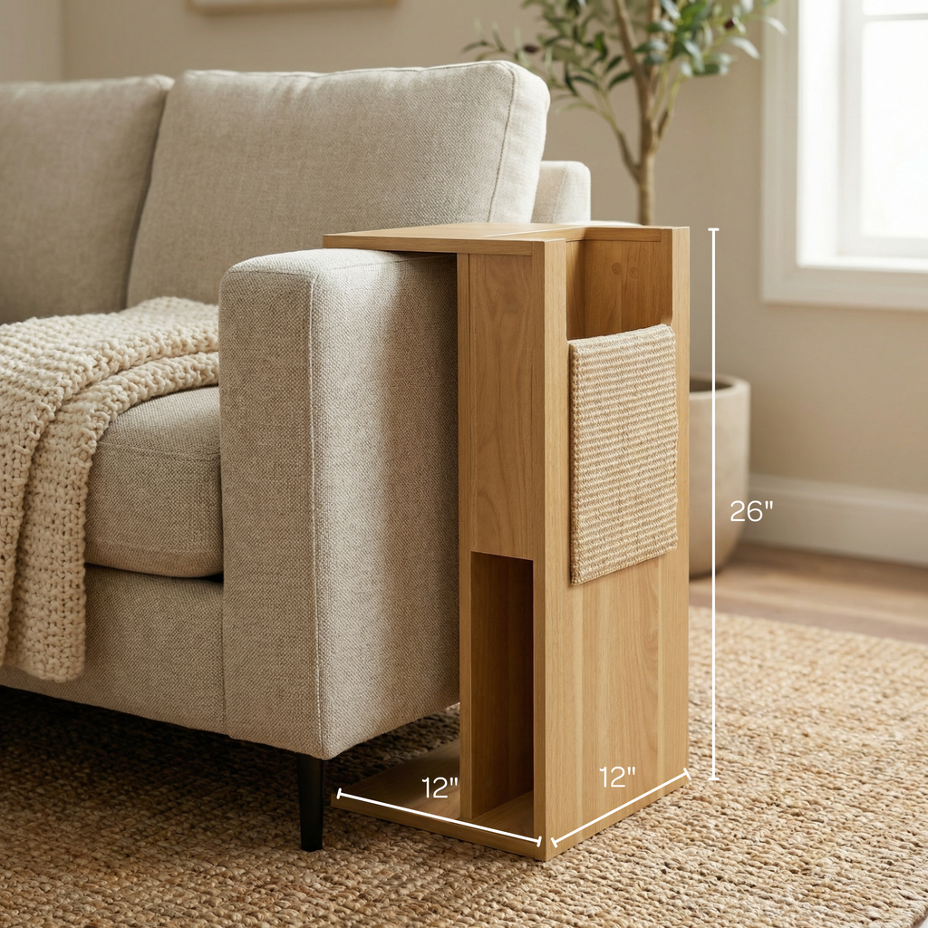 Wooden side table with measurements next to a beige sofa in a living room.