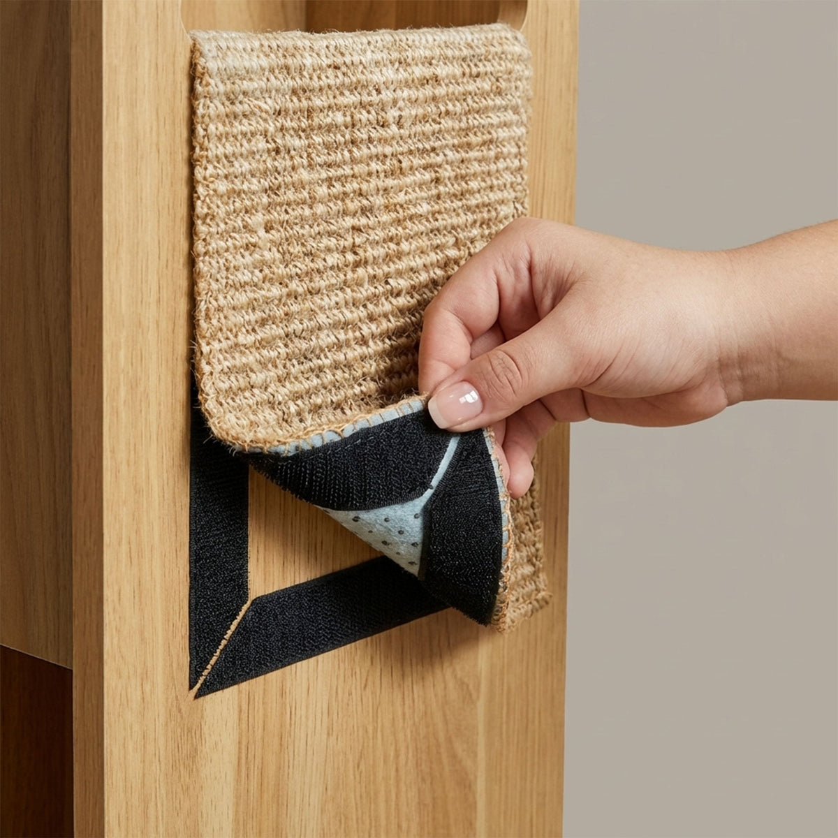 Hand applying a textured strip to a wooden surface