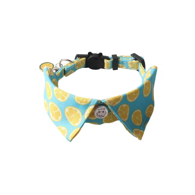a blue lemon print bow tie collar on a white background.