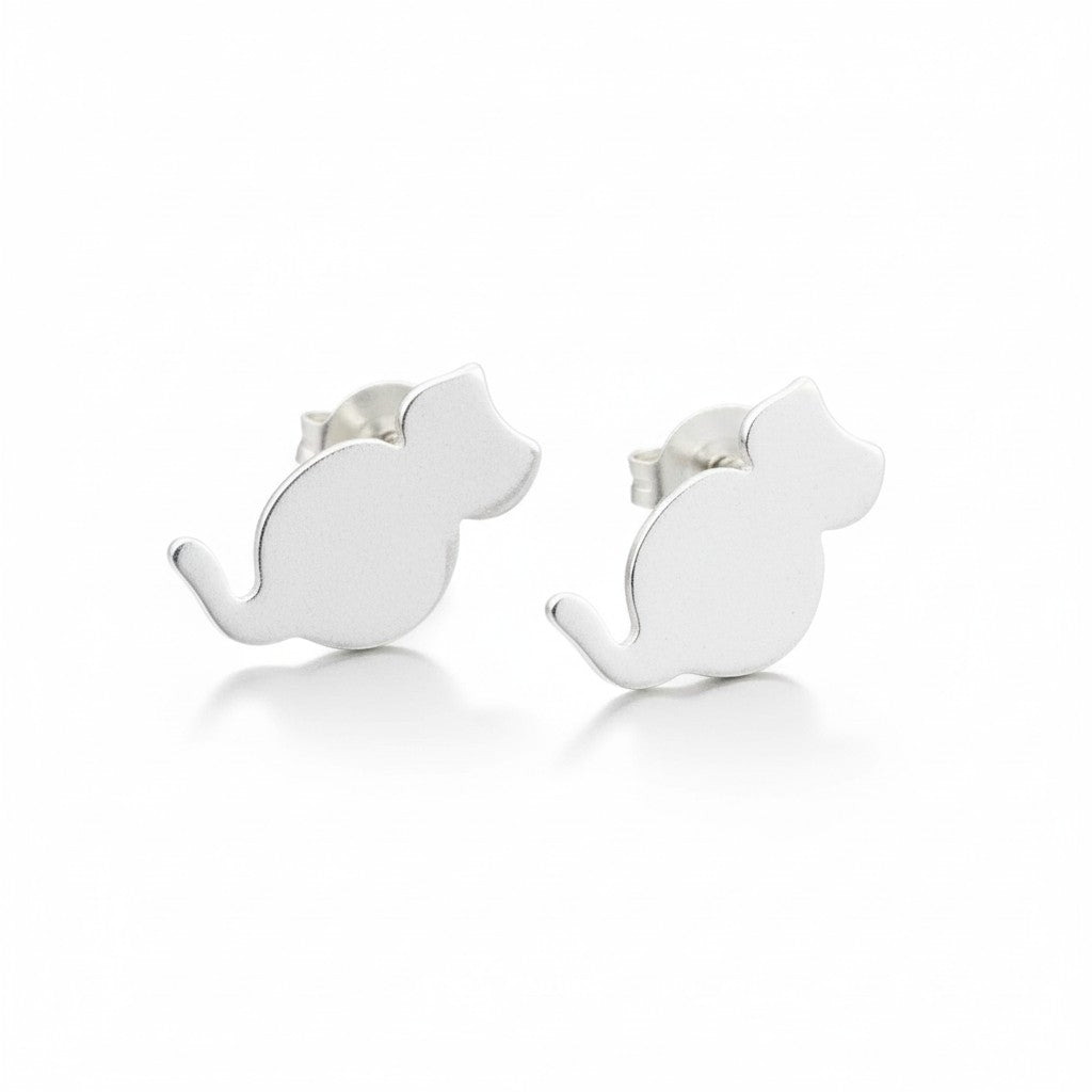 Silver cat stud earrings for cat lovers on white background