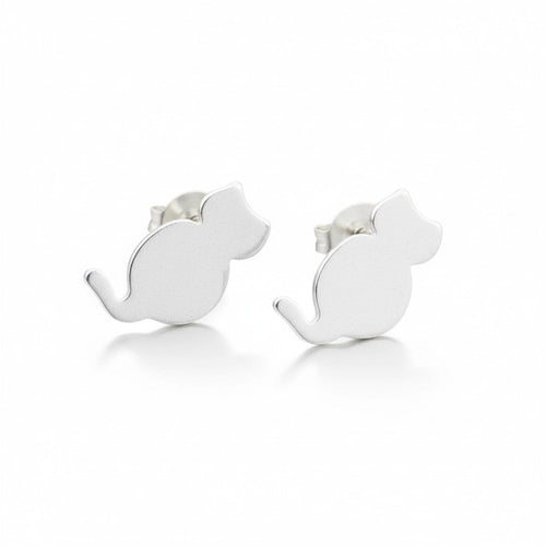 Silver cat stud earrings for cat lovers on white background