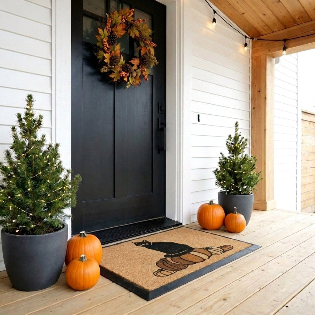 Front door with autumn decorations including pumpkins, a wreath, and potted trees.